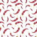 Watercolor seamless pattern with chili pepper pods. Watercolor illustration on white background.