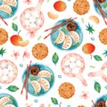 Chinese dumplings, rice balls, cookies and tangerines watercolor seamless pattern