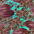 Watercolor seamless pattern chocolate bar cococa fruit and beans on a color background.