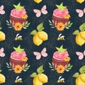 Watercolor seamless pattern with chocolate cupcake with strawberry cream. Pattern with cake, lemons, bees and butterfly