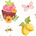 Watercolor seamless pattern with chocolate cupcake with strawberry cream. Pattern with cake, lemons, bees and butterfly