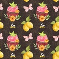 Watercolor seamless pattern with chocolate cupcake with strawberry cream. Pattern with cake, lemons, bees and butterfly Royalty Free Stock Photo