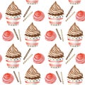 Bright Sweet delicious watercolor Seamless pattern with chocolate cupcakes and waffle, meringue. Red, brown color fabric Royalty Free Stock Photo