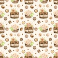 Watercolor seamless pattern with chocolate pies and candy Royalty Free Stock Photo