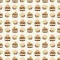 Watercolor seamless pattern with chocolate pies with flowers