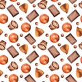 Watercolor seamless pattern with chocolate and tasty decorations for cake and cupcakes.