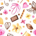 Watercolor seamless pattern with chocolate and tasty decorations for cake and cupcakes.