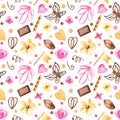 Watercolor seamless pattern with chocolate and tasty decorations for cake and cupcakes.