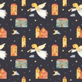 Seamless pattern with watercolor Christmas angels and trumpet over the city Royalty Free Stock Photo
