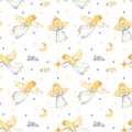 Seamless pattern with Christmas angels watercolor on a white background Royalty Free Stock Photo