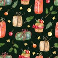 Watercolor seamless pattern with Christmas baubles, decorations and gift boxes on dark background Royalty Free Stock Photo