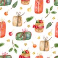 Watercolor seamless pattern with Christmas baubles, decorations and gift boxes on white background. Royalty Free Stock Photo