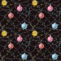 watercolor seamless pattern with christmas blue  red  purple  yellow balls and colorful bright garlands Royalty Free Stock Photo