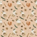 Watercolor seamless pattern with Christmas cupcakes with cinnamon, pine branches, anise, gingerbread cookies on beige