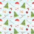 Watercolor seamless pattern with Christmas elements on blue snowy background. Hand drawn watercolor illustration Royalty Free Stock Photo