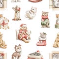 Watercolor seamless pattern with Christmas funny cute animals cats kittens in costumes clothes