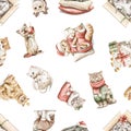 Watercolor seamless pattern with Christmas funny cute animals cats kittens in costumes clothes