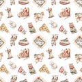 Watercolor seamless pattern with Christmas funny cute animals cats kittens in costumes clothes Royalty Free Stock Photo