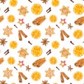 Watercolor seamless pattern with Christmas gingerbread cookies, orange, star anise and cinnamon
