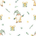 Watercolor seamless pattern with christmas gnome, gifts, leaves, stars