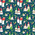 Watercolor seamless pattern with Christmas gnomes. Hand painted magic night forest background with little elves