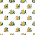 Watercolor Seamless Pattern. Christmas Houses with snowman, snowfall. Royalty Free Stock Photo