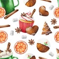 Watercolor seamless pattern with Christmas illustration with fresh mandarin, marshmallow, crispy gingerbread cookies Royalty Free Stock Photo