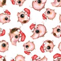 Watercolor seamless pattern with Christmas pigs in Santa`s caps Royalty Free Stock Photo