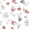 watercolor seamless pattern with a Christmas stockin, cobbler for the mantel, dolls, toys, angels, mushrooms Royalty Free Stock Photo