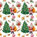 Watercolor seamless pattern with Christmas tree and Santa. Hand painted holly, mistletoe, poinsettia, bells, star Royalty Free Stock Photo