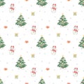 Watercolor seamless pattern with christmas tree, snowman, gifts, snowflakes on white background