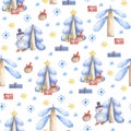Watercolor Seamless pattern with Christmas trees, gifts, gifts bag, snowflakes, snowman, stars Royalty Free Stock Photo