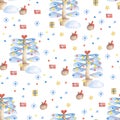 Watercolor Seamless pattern with Christmas trees, gifts, snowflakes, stars Royalty Free Stock Photo