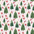 Watercolor seamless pattern with Christmas trees on a white background with gifts,stars,christmas toys,snowflakes,sweets. Royalty Free Stock Photo