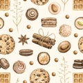 Watercolor seamless pattern with cinnamon, chocolate candies, cookies and waffles Royalty Free Stock Photo