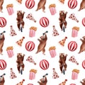 Watercolor seamless pattern with circus bears and festive attributes, balloons, banners, magic wands and popcorn