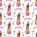 Watercolor seamless pattern with circus bears and festive attributes, balloons, banners, magic wands and popcorn