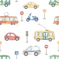 Watercolor seamless pattern with city transport, scooter, trolleybus, taxi, tram, bus, car, road sign, traffic light, for children Royalty Free Stock Photo