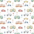 Watercolor seamless pattern with city transport, scooter, trolleybus, taxi, tram, bus, car, road sign, traffic light, for children Royalty Free Stock Photo