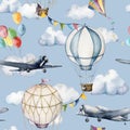 Watercolor seamless pattern with clouds and aerostates. Hand painted sky illustration with hot air balloons, planes and