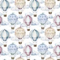 Watercolor seamless pattern with clouds and hot air balloons. Hand painted sky illustration with aerostate isolated on