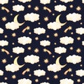 Watercolor seamless pattern - clouds, moon and stars. Starry sky background. Ideal for a children room. Good night print. Baby