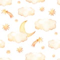 Watercolor seamless pattern - clouds, moon and stars. Starry sky background. Ideal for a children room. Good night print. Baby