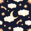 Watercolor seamless pattern - clouds, moon, sun and stars. Starry sky background. Ideal for a children room. Good night print.