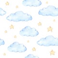 Watercolor seamless pattern - clouds and stars. Starry sky background. Ideal for a children room. Good night print. Baby shower.