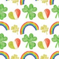 Watercolor seamless pattern, clover leaf, bright rainbow, heart in the colors of the Irish flag on a white background. Royalty Free Stock Photo