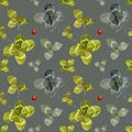 Watercolor seamless pattern, clover leaves and red beetle with black spots on green grey background. hand draw Royalty Free Stock Photo
