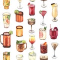 Watercolor seamless pattern, cocktail glasses: martini,liquor,rum,moscow mule. Hand-drawn illustration isolated on white Royalty Free Stock Photo