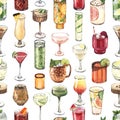Watercolor seamless pattern, cocktail glasses: martini, mojito, cosmopolitan, moscow mule. Hand-drawn illustration Royalty Free Stock Photo