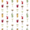 Watercolor seamless pattern, cocktail glasses: martini, mojito, cosmopolitan, moscow mule.Hand-drawn illustration Royalty Free Stock Photo